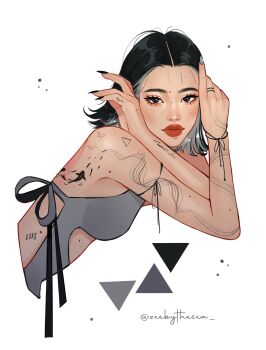 1girl abstract aegyo_sal against_table arm_tattoo arm_up asian back_tattoo black_eyes black_hair bracelet clothing_cutout colored_inner_hair cropped_torso eyelashes fashion finger_tattoo fingernails fish_tattoo flipped_hair forehead from_side grey_hair grey_nails grey_shirt hand_on_own_cheek hand_on_own_face highres invisible_table jewelry light_particles long_fingernails looking_at_viewer mei_(zeebythesea) mole mole_on_arm mole_on_back mole_on_cheek mole_on_forehead mole_on_hand mole_on_stomach multicolored_hair nail_art orange_lips original ring shirt short_hair sleeveless sleeveless_shirt stomach_cutout tattoo text_tattoo thick_eyebrows thick_lips tight_top triangle triangle_tattoo twitter_username upper_body zeebythesea