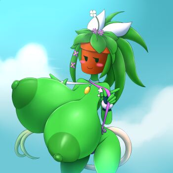 1girl blaster_master_zero blaster_master_zero_2 blush_stickers breast_expansion breasts colored_nipples colored_skin covered_erect_nipples flower gigantic_breasts green_nipples green_skin highres kanna_(blaster_master_zero) large_areolae metachoke monster_girl nipples one_eye_closed open_clothes plant_girl slingshot_swimsuit smile smug standing swimsuit tail