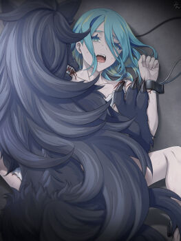 1boy 1other ankle_cuffs bare_legs bare_pectorals bare_shoulders bestiality biting biting_shoulder blood blood_on_face blood_on_ground blood_on_hands blue_hair bound bound_ankles bound_wrists cable character_request concrete crying crying_with_eyes_open cuffed dappled_moonlight facing_another facing_away facing_viewer grusha_(pokemon) hair_over_one_eye half-closed_eyes highres indoors interspecies looking_at_another looking_up lying min_(myna8247) moonlight nintendo on_back on_ground open_mouth pectorals pokemon pokemon_(creature) pokemon_sv rape scratches scratching scratching_chest screaming shirt spread_legs streaming_tears sweatdrop swept_bangs tears torn_clothes torn_shirt trap turning_head vignetting wire wolf wrist_cuffs