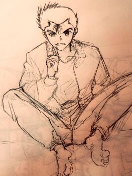 1boy barefoot commentary_request feet full_body hiei4455 highres jacket male_focus pants photo_(medium) shirt short_hair sitting sketch solo teeth traditional_media urameshi_yuusuke yuu_yuu_hakusho