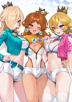 3girls absurdres aqua_jacket belt blonde_hair blue_belt blue_eyes breasts brooch brown_hair cleavage commentary crown earrings english_commentary flower_brooch flower_earrings gold_crown hair_over_one_eye hand_on_own_hip highres jacket jewelry mario_(series) micro_shorts mini_crown multiple_girls murmoruno navel nintendo one_eye_closed open_clothes open_jacket open_mouth pink_jacket princess_daisy princess_peach race_queen rosalina shorts silver_crown star_(symbol) star_brooch star_earrings thighhighs white_thighhighs yellow_jacket