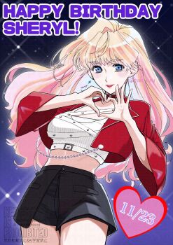 Rule 34 | 1girl, birthday, black shorts, blonde hair, blue eyes, blush, breasts, chain, character name, choker, commentary request, cowboy shot, crop top, cropped jacket, dated, earrings, gradient hair, happy birthday, heart, heart hands, highres, hyde kinu, jacket, jewelry, long hair, looking at viewer, macross, macross frontier, medium breasts, midriff peek, multicolored hair, open clothes, open jacket, parted lips, pink hair, red choker, red jacket, red lips, red nails, sheryl nome, shorts, single earring, solo, twitter username, two-tone hair, wide sleeves