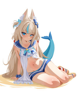 1girl ahoge animal_ear_fluff animal_ears arm_support bikini bikini_under_clothes bikini_bottom_under_shorts blonde_hair blue_bikini blue_eyes blue_hair blue_sailor_collar blunt_bangs blush cat_ears closed_mouth collarbone commentary dress feet fins fish_girl fish_tail frilled_bikini frilled_shirt_collar frills full_body hair_ribbon highres indie_virtual_youtuber innertube_hair_ornament lifebuoy_hair_ornament long_hair looking_at_viewer low_twintails multicolored_hair navel one_side_up ribbon sailor_collar sameko_saba sandals sansha_art scrunchie short_shorts shorts simple_background sitting solo streaked_hair swimsuit tail toenails toes twintails very_long_hair virtual_youtuber white_background white_dress wrist_scrunchie yokozuwari