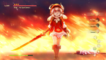 1boy 1girl :d ahoge amber_(genshin_impact) backpack bag bag_charm black_hair bloomers boots brown_footwear brown_gloves brown_scarf newsboy_cap cameo cape charm_(object) child clover_print coat commentary_request dark_skin dodoco_(genshin_impact) english_text fake_screenshot fingerless_gloves fire full_body gameplay_mechanics genshin_impact gloves hair_between_eyes hat hat_feather hat_ornament heads-up_display highres holding holding_sword holding_weapon jean_(genshin_impact) kaedehara_kazuha kaeya_(genshin_impact) klee_(genshin_impact) knee_boots kneehighs kneeling light_brown_hair long_hair long_sleeves looking_at_viewer low_twintails lying on_stomach open_mouth orange_eyes parted_bangs pocket pointy_ears randoseru red_coat red_headwear rin_takanashi_glacies scarf shaded_face sidelocks simple_background smile smirk socks sword twintails unconscious underwear user_interface walking weapon