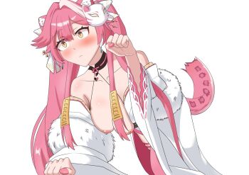 1girl all_fours animal_ear_fluff animal_ears animal_mask bare_shoulders blush breasts cat_ears cat_girl closed_mouth collarbone detached_sleeves fox_mask fur_trim hair_ornament hanging_breasts hololive hololive_english japanese_clothes kimono large_breasts long_hair mask mask_on_head nail_polish nipples official_alternate_costume paw_pose pink_hair pink_nails pink_thighhighs raora_panthera rayos simple_background solo tail thighhighs twintails virtual_youtuber wardrobe_malfunction white_background white_kimono wide_sleeves yellow_eyes