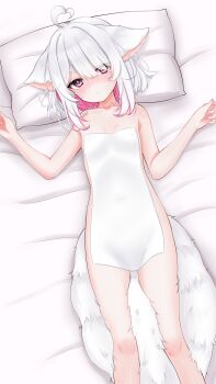 1girl absurdres animal_ears blush breasts cat_ears cat_girl cat_tail colored_inner_hair covering_privates embarrassed head_on_pillow highres indie_virtual_youtuber kuma_no_nebosuke looking_at_viewer lying multicolored_hair nude nude_cover on_back pillow pink_eyes pink_hair roa_(vtuber) short_hair small_breasts tail thick_eyebrows towel two-tone_hair virtual_youtuber white_hair