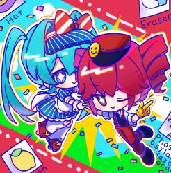 Rule 34 | 2girls, apron, black necktie, blue dress, blue hair, bow, buttons, chibi, closed mouth, collared shirt, commentary, confetti, diagonal-striped bow, double-breasted, dress, drill hair, english text, gloves, hat, hatsune miku, kasane teto, long hair, mesmerizer (vocaloid), multiple girls, necktie, one eye closed, pants, puffy short sleeves, puffy sleeves, red hair, red hat, red pants, roller skates, shirt, short sleeves, skates, smile, socks, striped clothes, striped dress, striped shirt, su dong huo ji, suspenders, symbol-only commentary, twin drills, twintails, utau, vertical-striped clothes, vertical-striped dress, vertical-striped shirt, visor cap, vocaloid, waist apron, waitress, white apron, white shirt, white socks, white wrist cuffs, wrist cuffs, yellow gloves