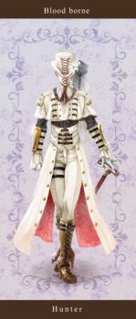 1boy black_shirt bloodborne boots brown_boots capelet character_name coat commentary_request copyright_name full_body gloves grey_hair hat hat_over_eyes hunter_(bloodborne) lace-up_boots male_focus mask mouth_mask ouji_fashion pants shirt short_hair solo standing suou_yuuchi top_hat white_capelet white_coat white_gloves white_hat white_pants