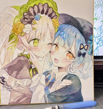 Rule 34 | 2girls, :d, absurdres, art tools in frame, black capelet, black hat, blonde hair, blue hair, braid, braided hair rings, capelet, cheek-to-cheek, commentary request, green eyes, hair rings, hand on another's chin, hat, heads together, highres, kinoeda tamase, long hair, long sleeves, looking at viewer, mahou shoujo no majo saiban, multiple girls, one eye closed, open mouth, painting (medium), shikishi, short hair, smile, tachibana sherry, tono hanna, traditional media, twintails, upper body, watercolor (medium), yellow eyes