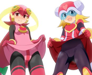 2girls black_bodysuit blonde_hair blue-tinted_eyewear blush bodysuit brown_eyes clothes_lift cross_fusion curakuru harp_note_(mega_man) highres in-franchise_crossover lifting_own_clothes looking_at_viewer mayl_sakurai_(mega_man) mega_man_(series) mega_man_battle_network mega_man_star_force_(series) multiple_girls red_hair roll.exe_(mega_man) skirt skirt_lift smile tinted_eyewear white_background