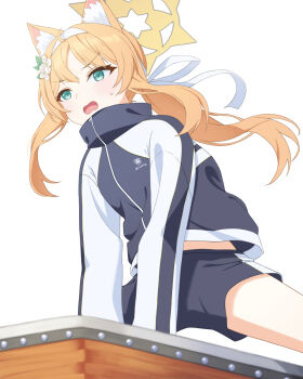 1girl animal_ear_fluff animal_ears black_jacket black_shorts blue_archive blush cat_ears commentary commentary_request cowboy_shot english_commentary flower green_eyes hair_flower hair_ornament halo headband highres jacket jumping korean_commentary long_hair long_sleeves looking_ahead low_ponytail mari_(blue_archive) mari_(track)_(blue_archive) midriff_peek mixed-language_commentary multicolored_jacket official_alternate_costume open_mouth orange_hair parted_bangs peanut_mouth ponytail short_shorts shorts sidelocks simple_background solo spread_legs sweat thighs track_jacket trinity_general_school_logo two-tone_jacket ugaaaa1 white_background white_headband yellow_halo