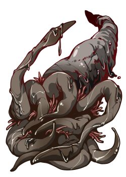 1other call_of_cthulhu chthonian commentary_request cthulhu_mythos monster no_humans simple_background slime_(substance) solo tentacles tmtkai white_background