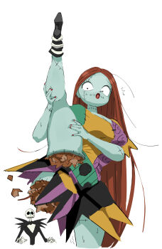 1boy 1girl absurdres colored_skin dress highres jack_skellington long_hair long_sleeves patchwork_skin red_hair sally_(nbc) skeleton smile stitched_face stitches the_nightmare_before_christmas ushimooshi
