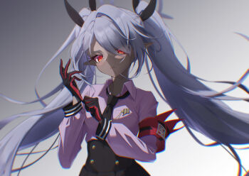 >:( 1girl adjusting_clothes adjusting_gloves armband black_gloves black_necktie black_ribbon black_skirt blue_archive buttons closed_mouth collared_shirt commentary cowboy_shot dark-skinned_female dark_skin demon_girl double-breasted dress_shirt eyelashes floating_hair frown gloves grey_background grey_hair hair_intakes hair_over_one_eye hair_ribbon hands_up high-waist_skirt highres iori_(blue_archive) kimagurain lips long_bangs long_hair long_sleeves looking_at_viewer necktie pointy_ears puffy_long_sleeves puffy_sleeves purple_shirt red_armband red_eyes red_gloves ribbon serious shirt sidelighting simple_background skirt slit_pupils solo tsurime twintails two-sided_gloves v-shaped_eyebrows very_long_hair