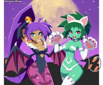 2girls animal_ears bat_wings breasts cat_ears cat_tail clothing_cutout colored_skin crossover dark-skinned_female dark_skin darkstalkers earrings fang felicia_(darkstalkers) felicia_(darkstalkers)_(cosplay) green_hair green_skin heart_cutout jewelry leotard long_hair medium_breasts moon morrigan_aensland morrigan_aensland_(cosplay) multiple_girls night patdarux pointy_ears purple_hair purple_sky rottytops shantae shantae_(series) short_hair sky tail teeth upper_teeth_only very_long_hair white_fur wide_hips wings