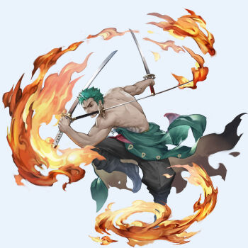 1boy commentary_request elleco fire full_body green_hair highres holding holding_sword holding_weapon japanese_clothes katana male_focus mouth_hold one_eye_closed one_piece roronoa_zoro scar scar_across_eye scar_on_face short_hair solo sword teeth_hold topless_male triple_wielding weapon