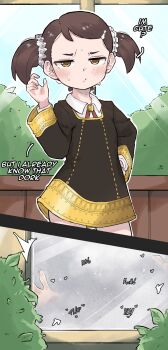 1girl 2koma absurdres against_glass becky_blackbell black_dress blue_sky blush brown_eyes brown_hair comic cowboy_shot day dress english_text hair_ornament hair_scrunchie half-closed_eyes highres implied_sex loli looking_at_viewer moaning outdoors outline plap school_uniform scrunchie short_twintails sky sound_effects spy_x_family standing steam sweat talking twintails white_outline window zlix0n