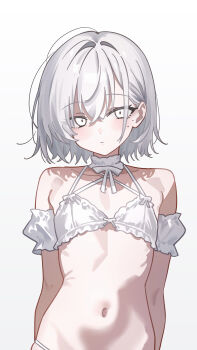 1girl absurdres bikini bob_cut bow bow_bikini closed_mouth commentary eco_376124 expressionless flat_chest hair_between_eyes hair_intakes highres long_bangs mole mole_under_eye navel original short_hair simple_background solo stomach swimsuit symbol-only_commentary upper_body white_background white_bikini white_eyes white_hair