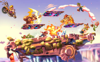 6+boys ape battle bowser bowser_jr. dinosaur donkey_kong donkey_kong_(series) donkey_kong_country facial_hair fire flag gloves hat highres jumping luigi maribou_(supermaribou) mario mario_(series) motor_vehicle motorcycle multiple_boys mustache nintendo overalls piranha_plant plant punching serious super_mario_bros._1 super_smash_bros. tail wario warioware yoshi
