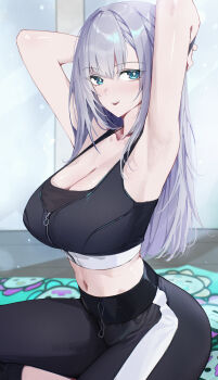 1girl absurdres aqua_eyes armpits arms_behind_head arms_up asymmetrical_bangs black_pants black_sports_bra blush breasts bright_pupils cleavage commentary crop_top english_commentary grey_hair highres hololive hololive_indonesia large_breasts long_hair looking_at_viewer mat midriff navel official_alternate_costume official_alternate_hairstyle open_mouth pants pavolia_reine pavolia_reine_(6th_costume) smile solo sports_bra sportswear sweatband virtual_youtuber yoellim5 yoga_pants