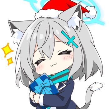 1girl :3 animal_ear_fluff animal_ears blue_archive blue_halo blue_jacket blue_scarf blush box cat_ears cat_girl cat_tail chibi chibi_only christmas closed_eyes closed_mouth commentary_request cross_hair_ornament double-parted_bangs fur-trimmed_headwear fur_trim gift gift_box grey_hair hair_between_eyes hair_ornament halo hat holding holding_gift jacket kemonomimi_mode kotatsu-mazoku long_sleeves red_hat santa_hat scarf shiroko_(blue_archive) short_hair simple_background solo sparkle tail upper_body white_background