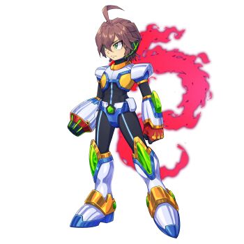 1boy absurdres ahoge alternate_color alternate_costume arm_cannon armor armored_boots belt body_armor bodysuit boots brown_hair codpiece covered_abs elbow_gloves forehead_jewel frown full_body gauntlets gloves green_eyes highres kiauwrenn knee_armor knee_boots mechanical_ears mega_man_(series) mega_man_x:_command_mission mega_man_x_(series) mega_man_zero_(series) no_headwear non-web_source redesign scarf short_bangs short_hair shoulder_armor transparent_background weapon x_(mega_man)