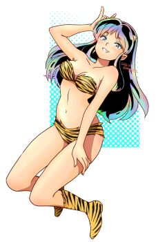 Rule 34 | 01angelegg, 1girl, animal print, artist name, bikini, boots, breasts, collarbone, commentary request, cone horns, dated, dithered background, full body, gradient hair, highres, horns, knee boots, long hair, looking at viewer, lum, multicolored hair, navel, pointy ears, print bikini, print boots, sidelocks, smile, solo, swimsuit, teeth, tiger print, urusei yatsura