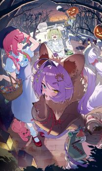 4girls ahoge alternate_costume animal_ear_fluff animal_ears aokumo_rin ascot axe bare_tree basket beret blue_dress blue_eyes blue_hat bow brown_shirt chico_(yuzuha_riko) closed_eyes commentary cosplay cowardly_lion cowardly_lion_(cosplay) creature crying dorothy_gale dorothy_gale_(cosplay) dress english_commentary eun_yo finger_to_mouth forest green_hair hair_ears hair_intakes hair_ornament hair_over_shoulder hairclip halloween hanako_nana hand_up hat heterochromia highres holding holding_basket inari_(tenko_shibuki) index_finger_raised jack-o&#039;-lantern kurimi_(aokumo_rin) lantern long_hair long_sleeves looking_at_viewer low_twintails mary_janes multiple_girls nature night open_mouth orange_sky outdoors paint_on_clothes paint_splatter parallel_hairclips paw_hair_ornament peto_(hanako_nana) pinafore_dress pink_hair purple_hair red_bow red_shoes scarecrow_(the_wizard_of_oz) scarecrow_(the_wizard_of_oz)_(cosplay) shirt shoes short_sleeves shushing sky sleeveless sleeveless_dress socks spoken_object standing stellive streaming_tears tail tail_bow tail_ornament tears tenko_shibuki the_wizard_of_oz tin_man_(the_wizard_of_oz) tin_man_(the_wizard_of_oz)_(cosplay) tree twintails virtual_youtuber white_ascot white_shirt white_socks yellow_eyes yuzuha_riko