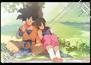 1boy 1girl apple artist_name black_hair blue_sash chi-chi_(dragon_ball) chinese_clothes closed_eyes commentary_request dougi dragon_ball dragon_ball_(classic) eating food fruit head_on_another&#039;s_shoulder highres holding holding_food holding_fruit husband_and_wife indian_style long_hair ponytail roku_(roku_0141) sash short_sleeves sitting sleeveless smile son_goku tree under_tree wristband