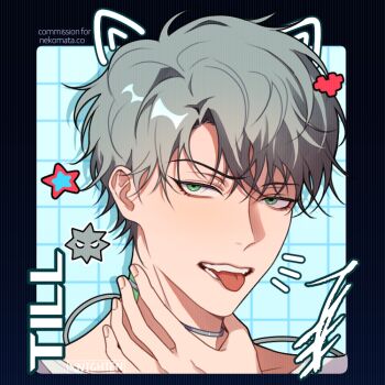 Rule 34 | 1boy, alien stage, artist name, character name, character signature, choker, commentary, commission, drawn ears, english commentary, green eyes, grey choker, grey hair, hand on own neck, heart, male focus, portrait, short hair, signature, solo, star (symbol), till (alien stage), tongue, tongue out, very short hair, xnighten