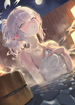 1girl absurdres bathing blue_archive blush breasts bucket commentary_request dutch_angle ear_piercing halo highres himari_(blue_archive) lamp long_hair looking_at_viewer mole mole_under_eye moon naked_towel night onsen outdoors pepq piercing pointy_ears ponytail purple_eyes revision small_breasts smile solo towel wet wet_hair white_hair white_halo