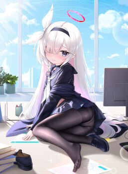 1girl ass black_choker black_coat black_eyes black_hairband black_pantyhose black_sailor_collar black_serafuku black_shirt black_shoes black_skirt blue_archive blush book book_stack braid cementite choker closed_mouth coat colored_inner_hair commentary_request day feet flower_pot grey_hair hair_over_one_eye hair_ribbon hairband halo highres indoors left_shoe_removed loafers loli long_hair long_sleeves looking_at_viewer monitor multicolored_hair neckerchief no_shoes off_shoulder one_eye_covered open_clothes open_coat panties panties_under_pantyhose pantyhose pink_hair plana_(blue_archive) plant pleated_skirt potted_plant red_halo red_pupils ribbon sailor_collar school_uniform serafuku shirt shoes side_braid single_braid single_shoe sitting skirt solo sparkle thighband_pantyhose toes two-tone_hair underwear unworn_shoes very_long_hair white_neckerchief white_ribbon window yokozuwari