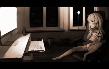 1girl barefoot computer diathorn feet female_focus female_masturbation flat_chest full_body loli masturbation monochrome original panties screen solo toes underwear