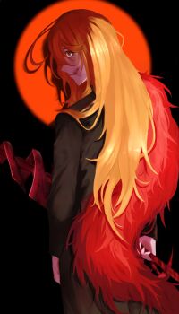 Rule 34 | 1girl, black coat, blonde hair, blood, blood on face, coat, commentary, don quixote (project moon), feathers, highres, holding, holding weapon, jacket, la manchaland (identity) (project moon), lance, limbus company, long hair, long sleeves, looking at viewer, parted bangs, polearm, project moon, red eyes, red feathers, red fur, sancho (project moon), shirt, solo, weapon, white shirt