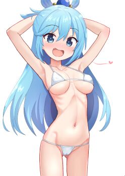 1girl absurdres aqua_(konosuba) armpits arms_behind_head arms_up bikini blue_eyes blue_hair breasts collarbone cowboy_shot dot_nose emaciated eyebrows_hidden_by_hair eyelashes fang female_focus highres kono_subarashii_sekai_ni_shukufuku_wo! large_breasts long_hair matching_hair/eyes navel open_mouth pepzi ribs simple_background smile solo swimsuit white_background white_bikini