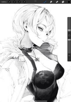 1girl art_program_in_frame breasts cleavage coat commentary ear_piercing earrings from_side fur-trimmed_coat fur_trim greyscale highres jewelry looking_at_viewer medium_breasts mole mole_under_eye monochrome necklace open_clothes open_coat original parted_bangs parted_lips piercing short_hair siiar_(lvlcmxcix) simple_background solo upper_body white_background
