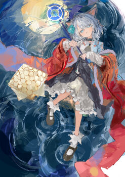 1girl absurdres animal_ears arknights black_shoes blue_eyes bobby_socks cat_ears cat_girl grey_hair highres holding holding_staff ichika_(ichika87) infection_monitor_(arknights) mint_(arknights) shoes socks solo staff white_socks