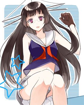 1girl black_hair breasts brown_gloves choukai_(kancolle) cleavage crop_top glasses gloves headgear kantai_collection long_hair looking_at_viewer medium_breasts midriff mikami_(millefoglie) miniskirt neckerchief open_mouth pink_eyes red_neckerchief sailor_collar simple_background skirt sleeveless solo star_(symbol) undone_neckerchief