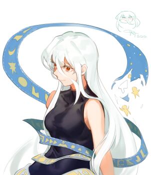 1girl black_dress breasts closed_mouth commentary crt599 dress english_commentary grey_hair hair_between_eyes highres long_hair long_hair_between_eyes red_eyes ribbon_around_body simple_background sleeveless sleeveless_dress smile solo touhou turtleneck turtleneck_dress very_long_hair white_background yuiman_asama