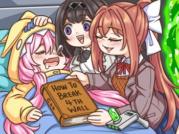 3girls :d animal_ears animal_hood arknights arm_up bed black_hair blazer blue_archive blue_skirt blush bow brown_hair brown_jacket closed_eyes collared_shirt commentary crossover doki_doki_literature_club doki_doki_literature_club_school_uniform drooling english_commentary eyebrows_hidden_by_hair fake_animal_ears fang grey_bow grey_jacket guin_guin hair_between_eyes hair_bow hand_on_another&#039;s_head hood hood_up jacket koyuki_(blue_archive) long_hair long_sleeves monika_(doki_doki_literature_club) multiple_crossover multiple_girls neck_ribbon nose_bubble onesie open_clothes open_jacket open_mouth pillow pink_hair pleated_skirt ponytail portal_(object) priestess_(arknights) puffy_long_sleeves puffy_sleeves purple_eyes rabbit_ears rabbit_hood red_ribbon ribbon rick_and_morty school_uniform shirt skirt sleeping sleeves_past_wrists smile striped_bow under_covers very_long_hair white_bow white_shirt