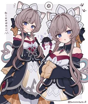 Rule 34 | 2girls, anger vein, bare shoulders, black dress, blue eyes, blush, breasts, brown hair, chibi, closed eyes, closed mouth, columbina (genshin impact), commentary request, dress, genshin impact, head wings, highres, long hair, long sidelocks, looking at viewer, multiple girls, multiple views, omuyan, pantyhose, parted lips, puppet, red hair, sandrone (genshin impact), sidelocks, smile, spoken anger vein, translation request, v-shaped eyebrows, white pantyhose, wings