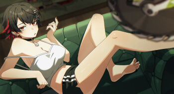 1girl absurdres akubaibai alternate_costume bare_shoulders barefoot black_choker black_hair black_shorts blurry blurry_foreground blush breasts choker cleavage colored_inner_hair commentary couch crop_top earclip ellen_joe english_commentary highres indoors knee_up large_breasts looking_at_viewer midriff multicolored_hair navel on_couch pendant_choker razor_blade_hair_ornament red_eyes red_nails saw shark_girl shirt short_hair shorts solo white_shirt zenless_zone_zero