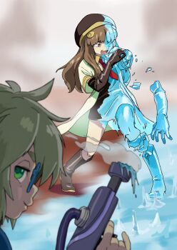 1boy 1girl broken broken_arm broken_leg brown_eyes brown_hair drip_(vanillaklein) energy_gun frozen green_eyes gun highres holding holding_gun holding_weapon ice monster_girl original slime_girl smoke smoking_barrel smug vanilla_(vanillaklein) vanillaklein weapon