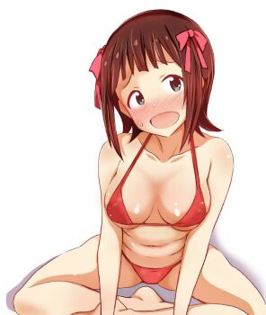 Rule 34 | 1girl, amami haruka, bare arms, bare legs, barefoot, bikini, blush, bow, breasts, brown hair, collarbone, commentary request, green eyes, hair bow, highres, idolmaster, idolmaster (classic), indian style, looking at viewer, multiple hair bows, navel, no.gomesu, open mouth, pink bow, raised inner eyebrows, red bikini, short hair, simple background, sitting, solo, sweatdrop, swimsuit, white background