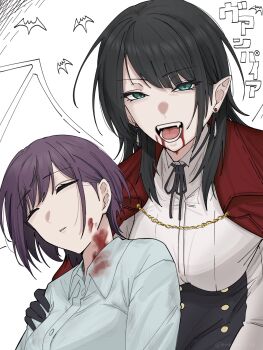 Rule 34 | 2girls, bang dream!, bang dream! it's mygo!!!!!, black gloves, black hair, blood, blood on face, blood on neck, blue eyes, breasts, cape, commentary, dress shirt, earrings, gloves, highres, jewelry, long hair, medium breasts, multiple girls, nagomu 7 56, open mouth, parted lips, pointy ears, purple hair, red cape, shirt, short hair, symbol-only commentary, vampire, white shirt, yahata umiri, yuutenji nyamu