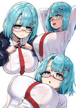 1girl absurdres aqua_eyes aqua_hair arms_up breasts chaos_zero_nightmare covered_erect_nipples glasses highres jacket large_breasts looking_at_viewer medium_hair mika_(chaos_zero_nightmare) necktie open_clothes open_jacket red_necktie shirt white_shirt yuzun404