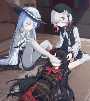3girls absurdres arms_behind_back bdsm black_choker black_gloves black_hair blue_eyes blue_hair bondage bound breast_bondage breasts character_request choker dress frilled_dress frilled_socks frills gloves highres long_hair looking_at_another lying mahou_shoujo_no_majo_saiban multiple_girls nikaido_hiro pantyhose pleated_skirt red_eyes restrained sakuraba_ema shibari skirt small_breasts smelling socks tsukishiro_yuki very_long_hair white_dress white_pantyhose white_socks xiongmao