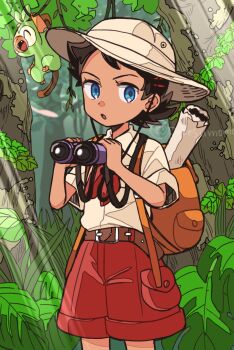Rule 34 | 1boy, :o, backpack, bag, belt, binoculars, blue eyes, brown bag, brown belt, budding expeditioner (pokemon), budding expeditioner (pokemon) (cosplay), commentary request, cosplay, day, forest, gen 8 pokemon, goh (pokemon), grookey, hat, highres, holding, holding binoculars, light rays, looking to the side, male focus, nature, nintendo, open mouth, outdoors, plant, pokemon, pokemon (anime), pokemon (creature), pokemon journeys, pokemon tcg, pokemon tcg pocket, pokesumomo, red shorts, scroll, shirt, short hair, short sleeves, shorts, tree, vines