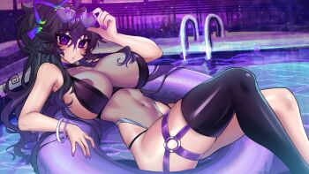 Rule 34 | 1girl, :o, absurdres, bare shoulders, bikini, black bikini, bow, breasts, crawling dreams, eyewear on head, hair bow, heart, heart-shaped eyewear, highres, ladder, large breasts, merryweather, navel, nyarla (osiimi), osiimi, ponytail, ponytail holder, pool, poolside, purple eyes, purple hair, purple nails, purple theme, see-through clothes, see-through swimsuit, single thighhigh, swimsuit, thighhighs