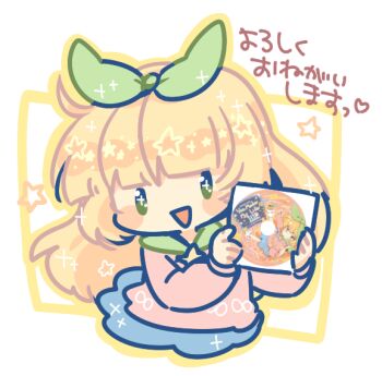 1girl 4orce! 774radio_bug blonde_hair blue_skirt blush_stickers camellia_(musician) cd chibi commentary_request green_eyes green_hairband hairband holding_cd hood hoodie indie_utaite long_hair nanahira official_artist_extra pink_hoodie simple_background skirt smile solo white_background